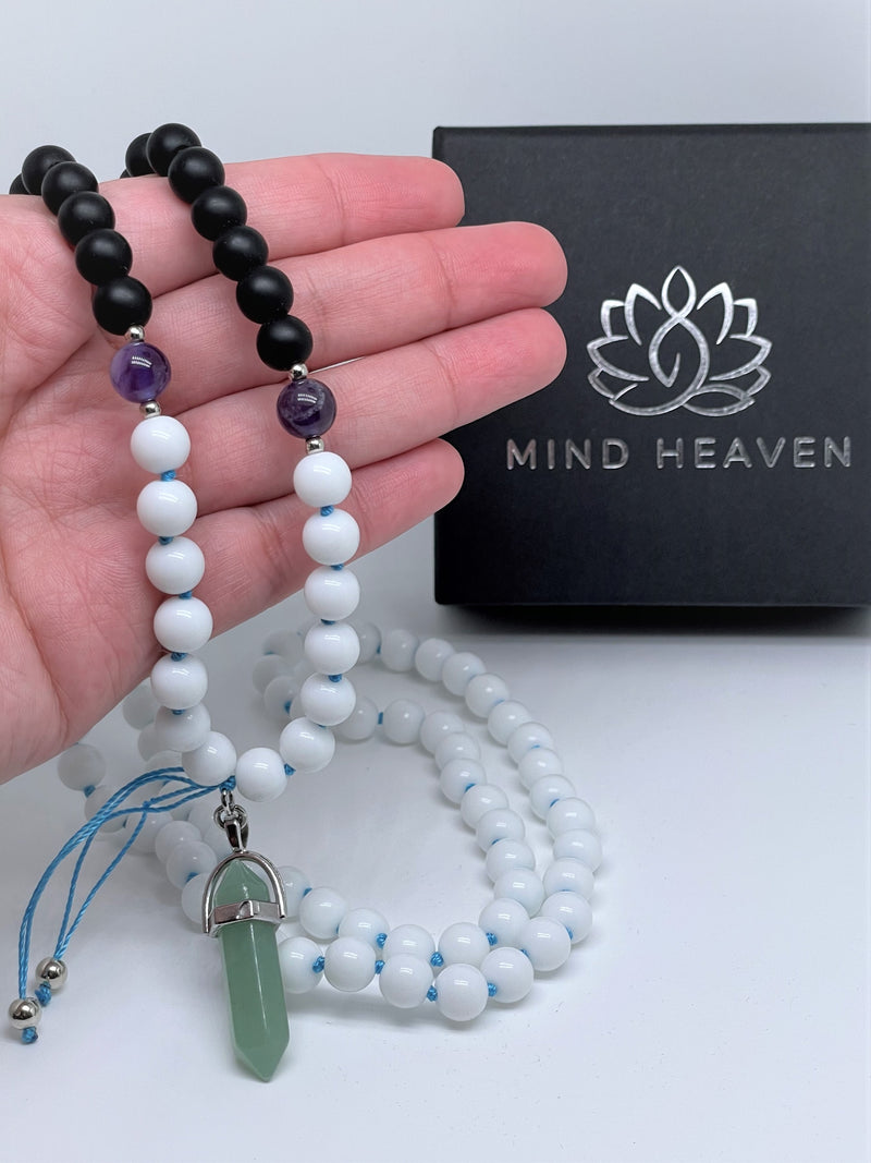 Handcrafted 108 Mala beads Necklace features White and black onyx with a pendant of your choice; amethyst or green agate