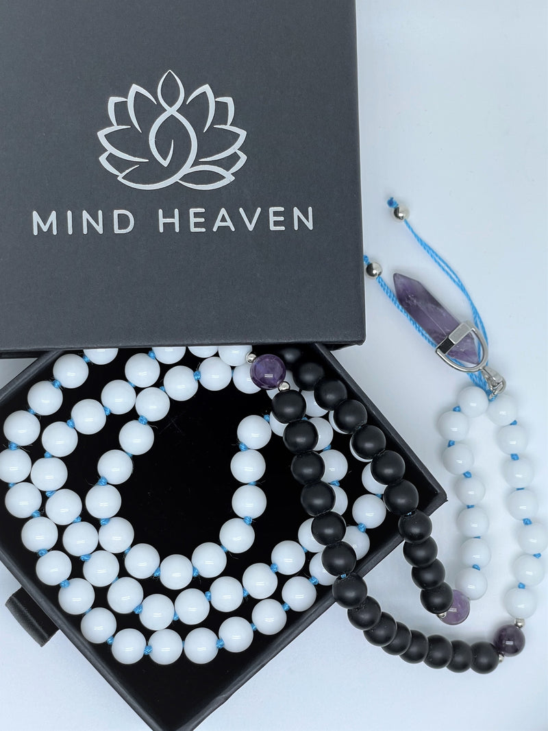 Handcrafted 108 Mala beads Necklace features White and black onyx with a pendant of your choice; amethyst or green agate