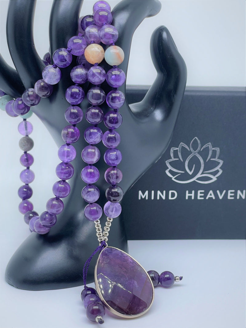 Mynd-Lift Amethyst Mala Beads Necklace with amethyst pendant