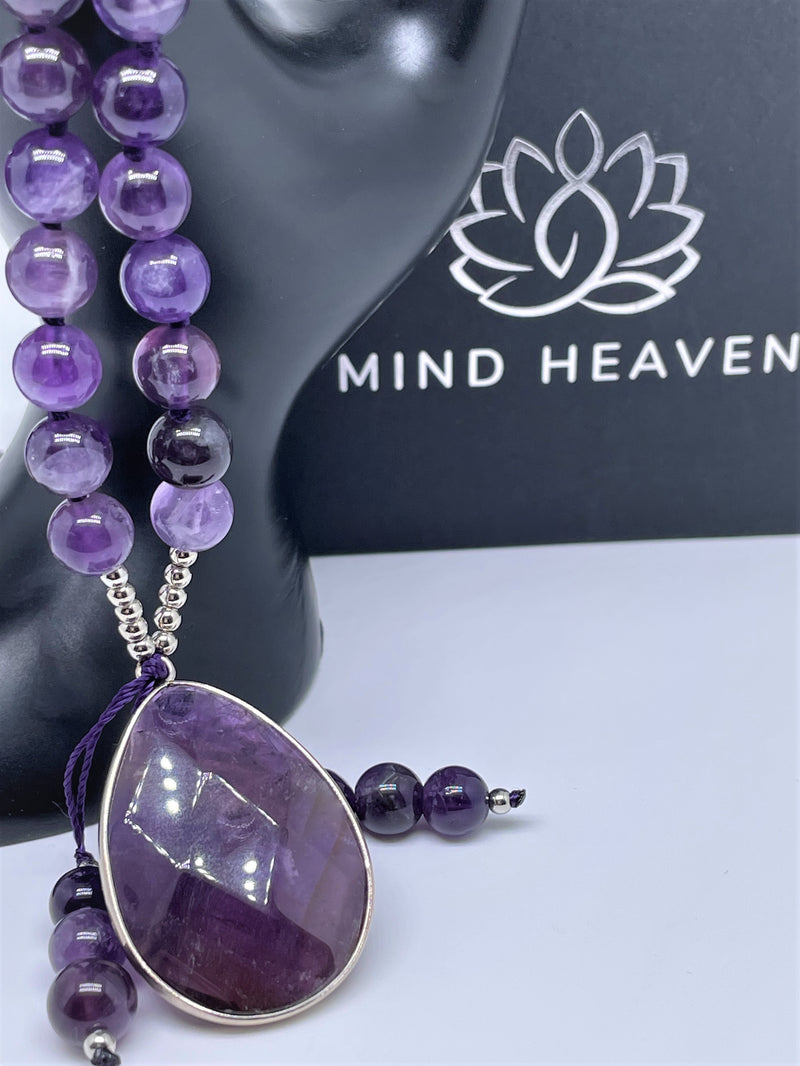 Mynd-Lift Amethyst Mala Beads Necklace with amethyst pendant