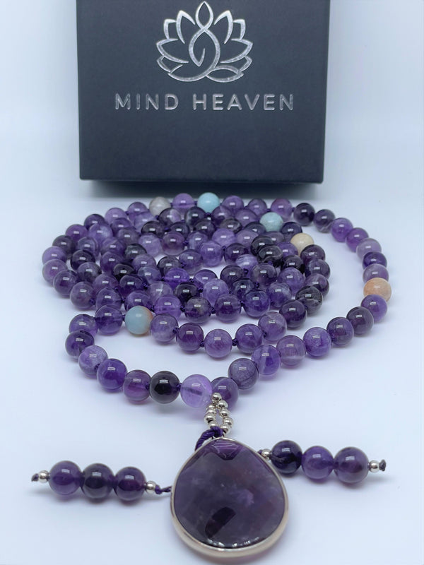 Mynd-Lift Amethyst Mala Beads Necklace with amethyst pendant