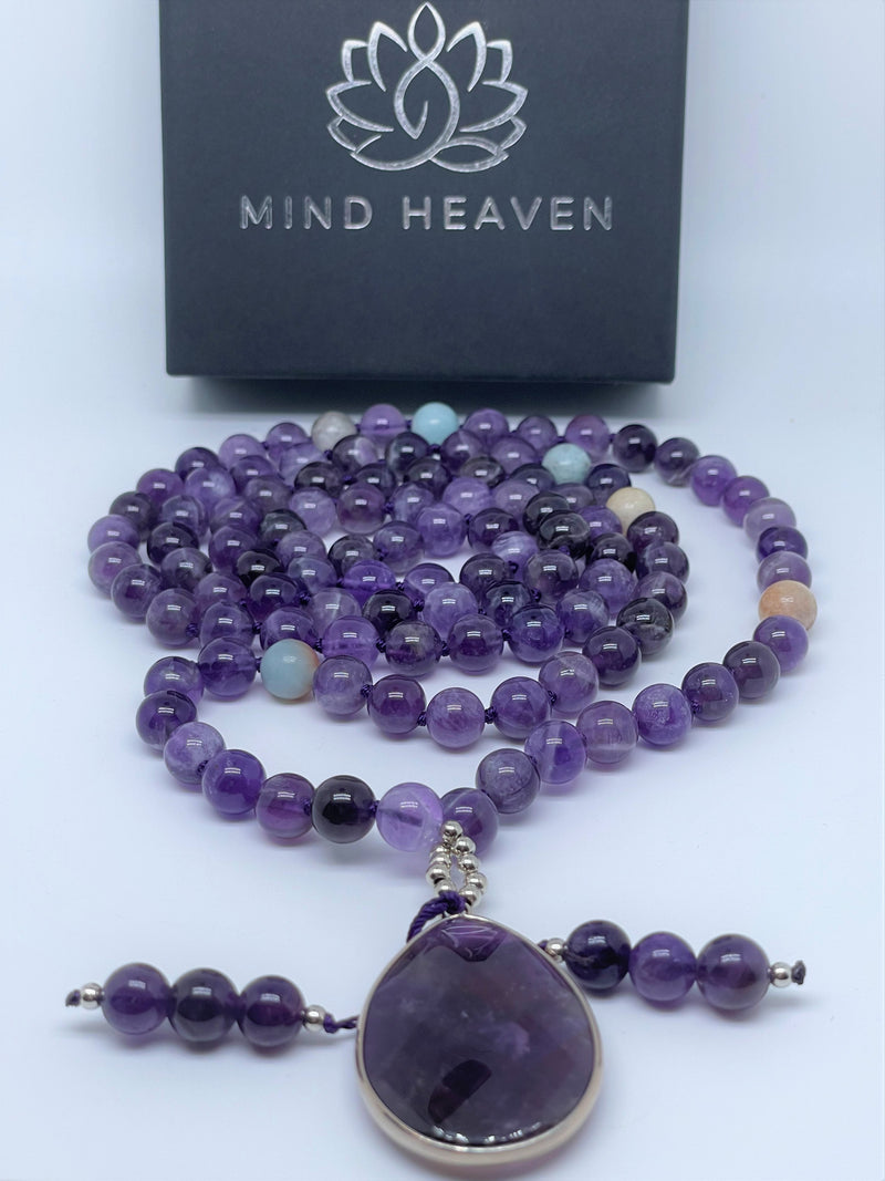 Mynd-Lift Amethyst Mala Beads Necklace with amethyst pendant