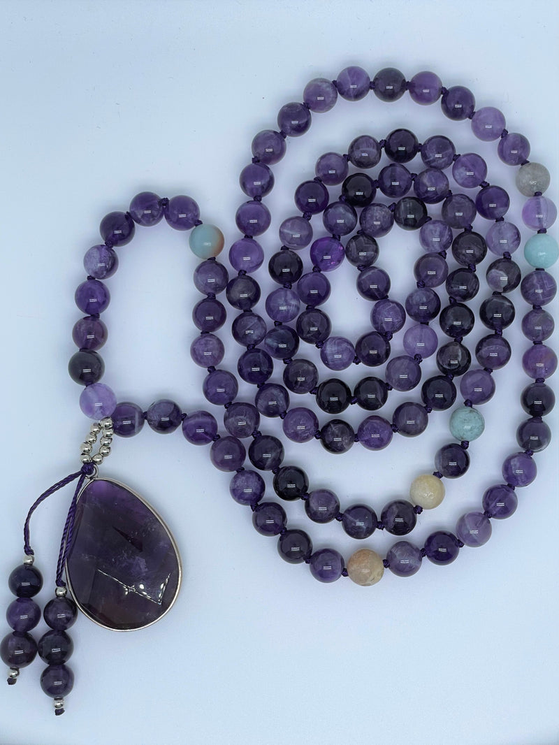 Mynd-Lift Amethyst Mala Beads Necklace with amethyst pendant