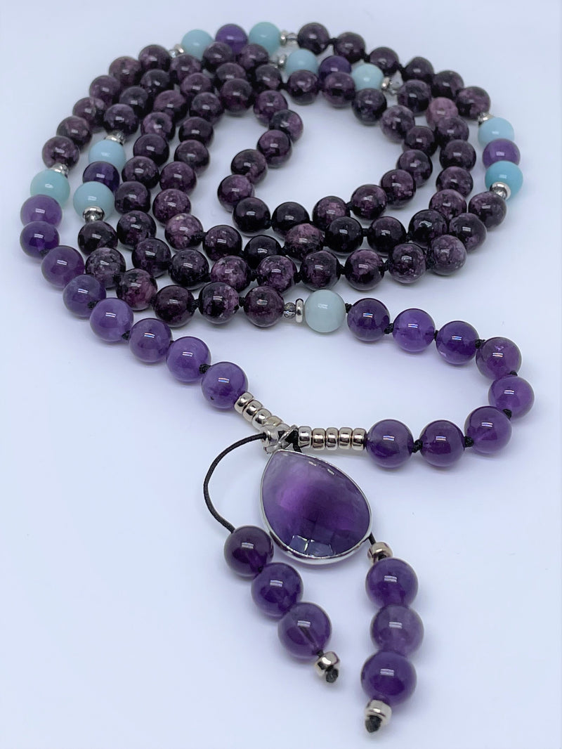 Mynd-Lift Amethyst Mala Beads Necklace with amethyst pendant