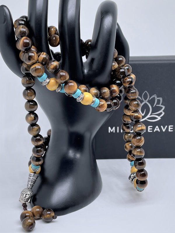 Mynd-Strenght 108 mala Tiger's Eye and sandalwood beads with Buddha face pendant