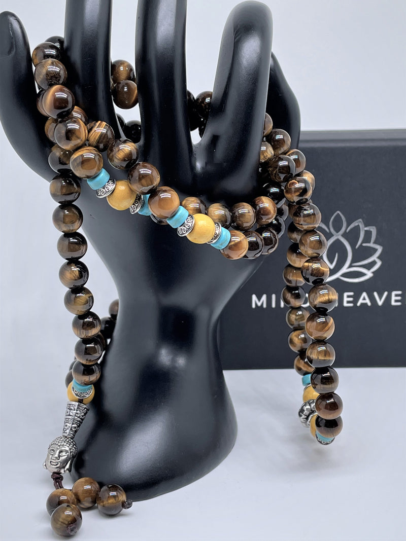 Mynd-Strenght 108 mala Tiger's Eye and sandalwood beads with Buddha face pendant