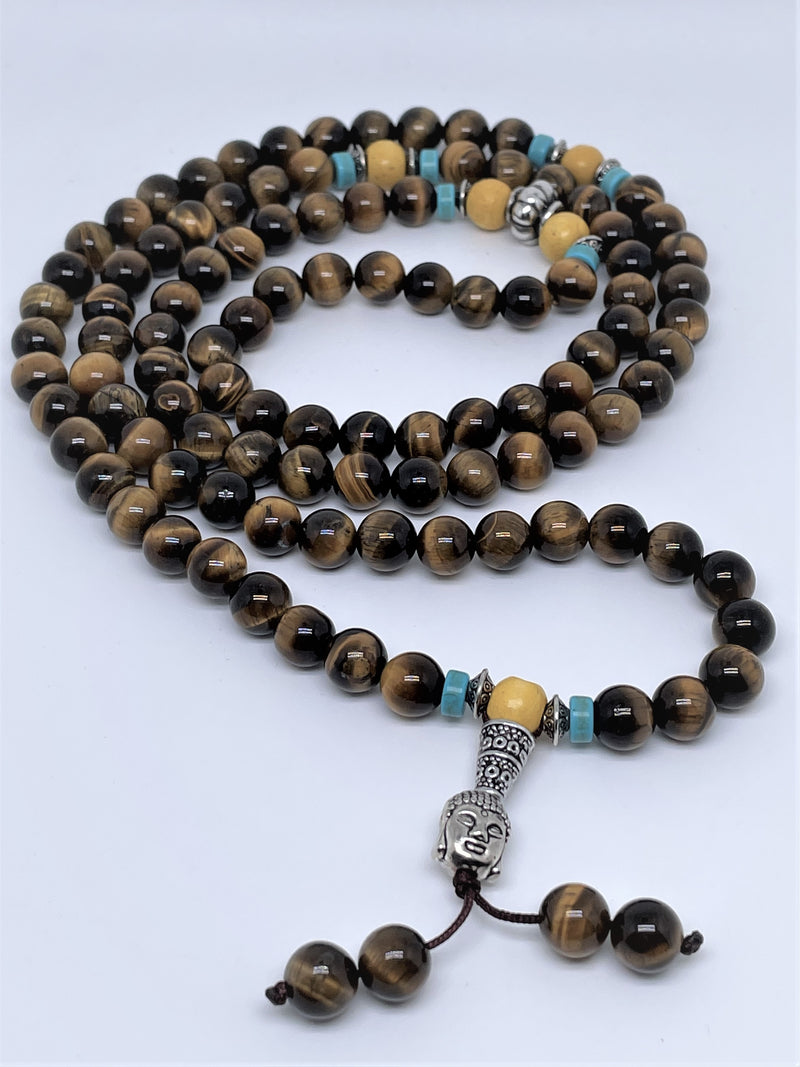 Mynd-Strenght 108 mala Tiger's Eye and sandalwood beads with Buddha face pendant