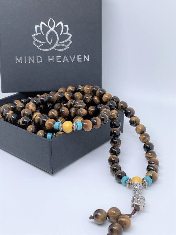 Mynd-Strenght 108 mala Tiger's Eye and sandalwood beads with Buddha face pendant