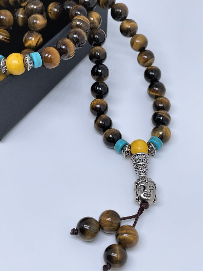 Mynd-Strenght 108 mala Tiger's Eye and sandalwood beads with Buddha face pendant