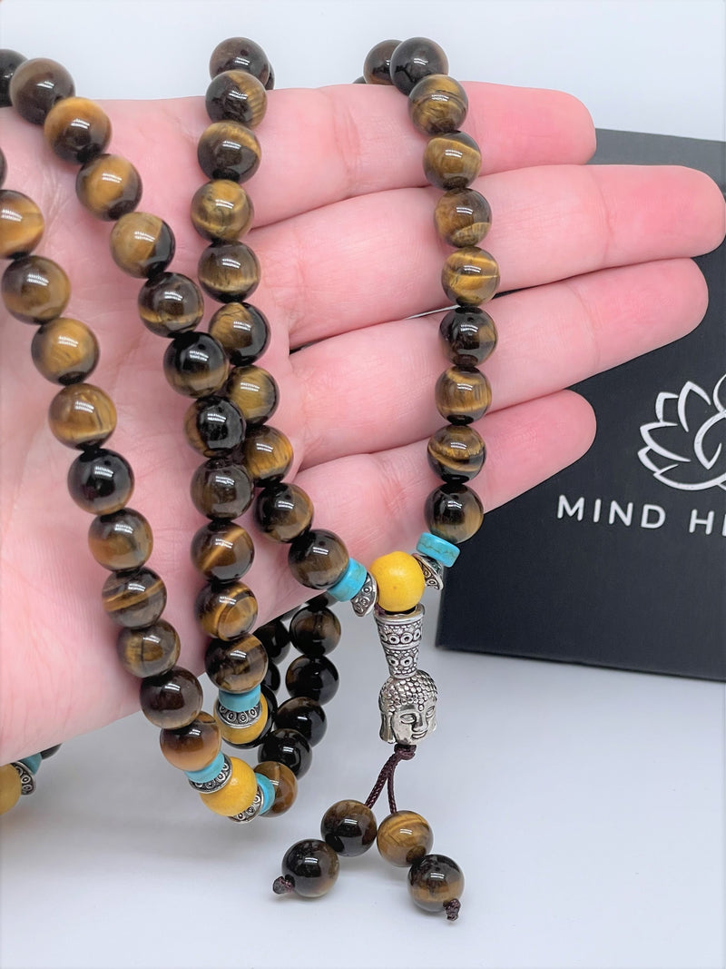 Mynd-Strenght 108 mala Tiger's Eye and sandalwood beads with Buddha face pendant