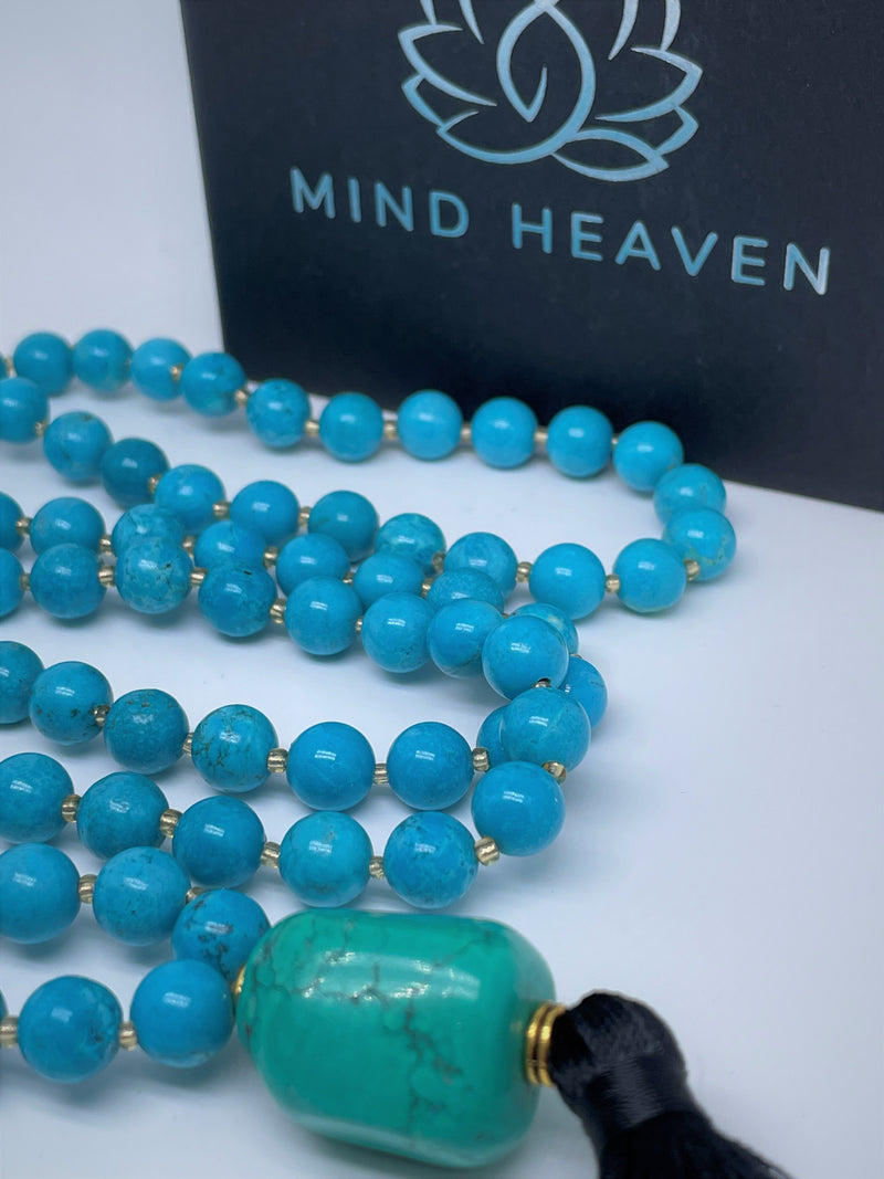Mynd-Wisdom handcrafted 108 mala necklace Turquoise with Green Turquoise pendant and black tassel