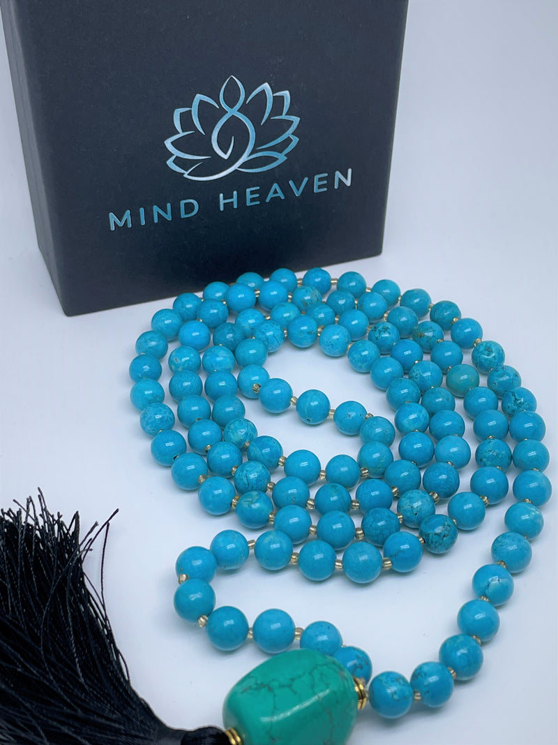 Mynd-Wisdom handcrafted 108 mala necklace Turquoise with Green Turquoise pendant and black tassel