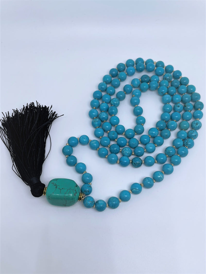 Mynd-Wisdom handcrafted 108 mala necklace Turquoise with Green Turquoise pendant and black tassel