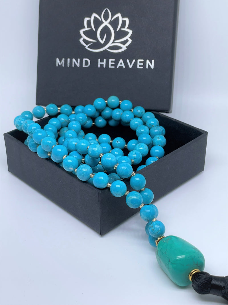 Mynd-Wisdom handcrafted 108 mala necklace Turquoise with Green Turquoise pendant and black tassel