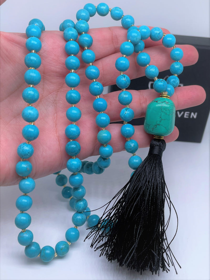 Mynd-Wisdom handcrafted 108 mala necklace Turquoise with Green Turquoise pendant and black tassel