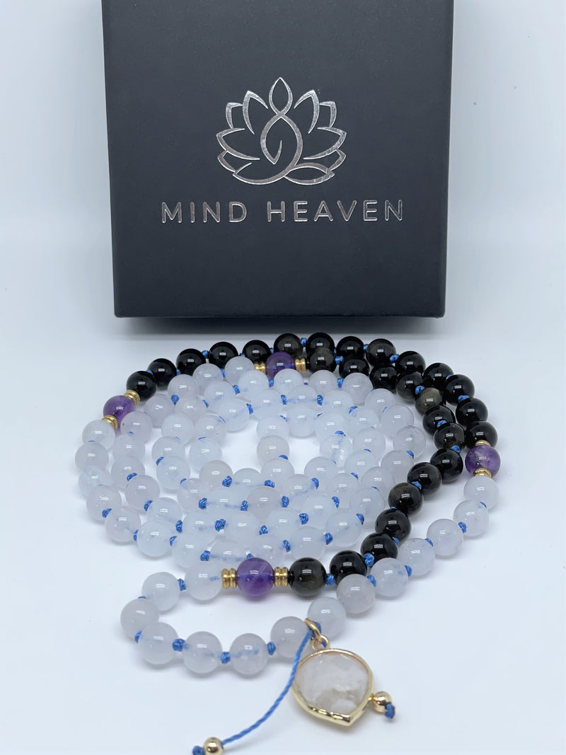 Black Onyx, Moonstone, and Amethyst  Beads with moonstone pendant and blue string