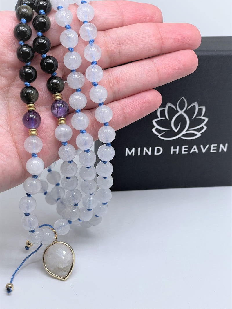 Black Onyx, Moonstone, and Amethyst  Beads with moonstone pendant and blue string