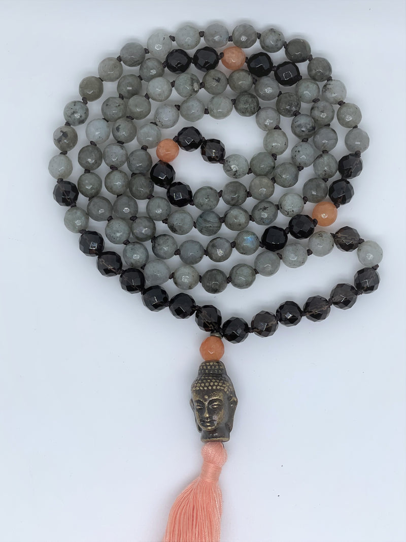 Necklace features Labradorite, Smoky Quartz and sunstone with Buddha face as guru pendant and orange tassel