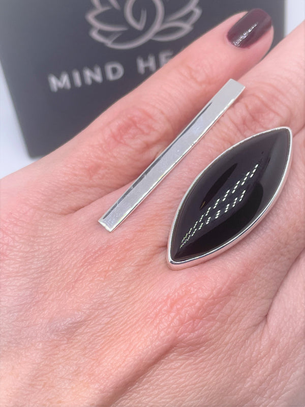 Onyx oval and silver line sterling silver ring