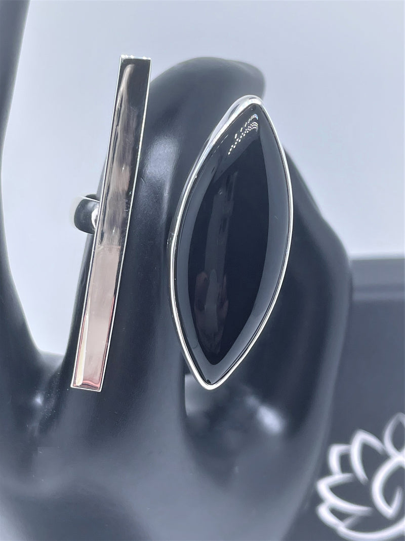 Onyx oval and silver line sterling silver ring