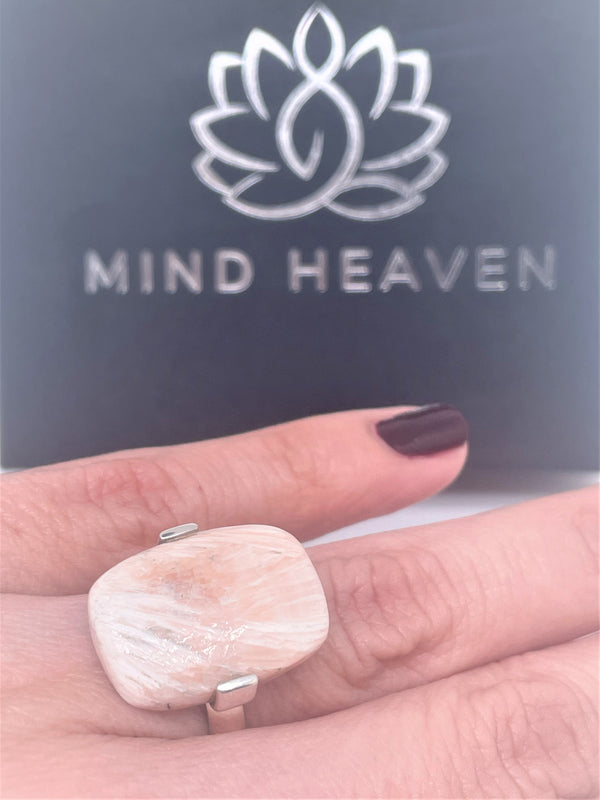 Pink Scolecite small rectangle crystal Silver Ring