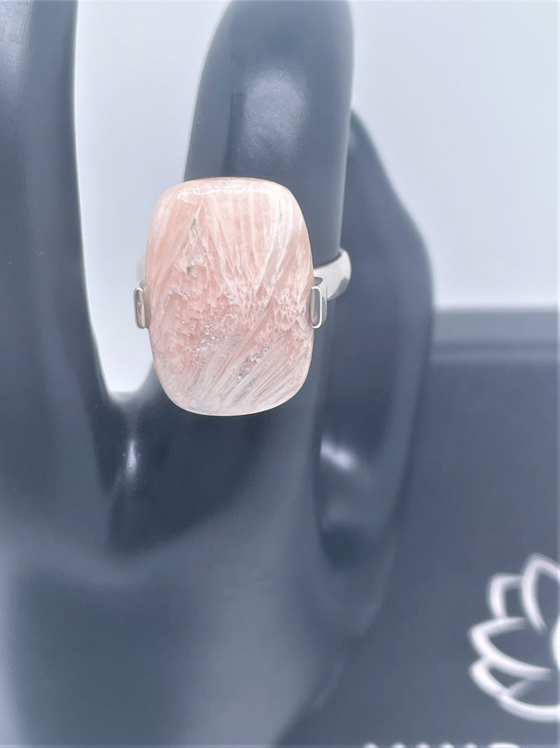 Pink Scolecite small rectangle crystal Silver Ring