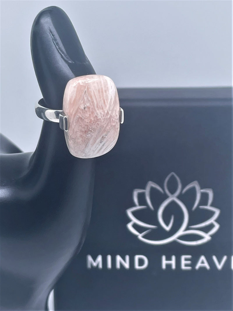 Pink Scolecite small rectangle crystal Silver Ring