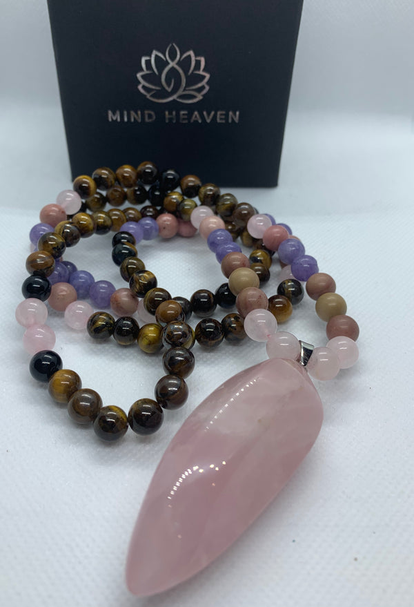 Beautiful Mala 108 hand-made Necklace features Tiger's Eye Rhodonite and Aquamarine beads, with Pink Quartz pendant