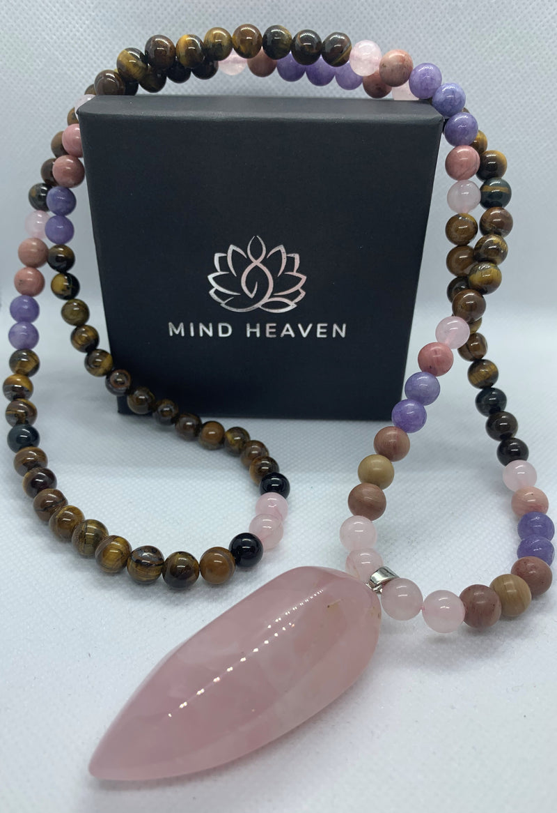 Beautiful Mala 108 hand-made Necklace features Tiger's Eye Rhodonite and Aquamarine beads, with Pink Quartz pendant