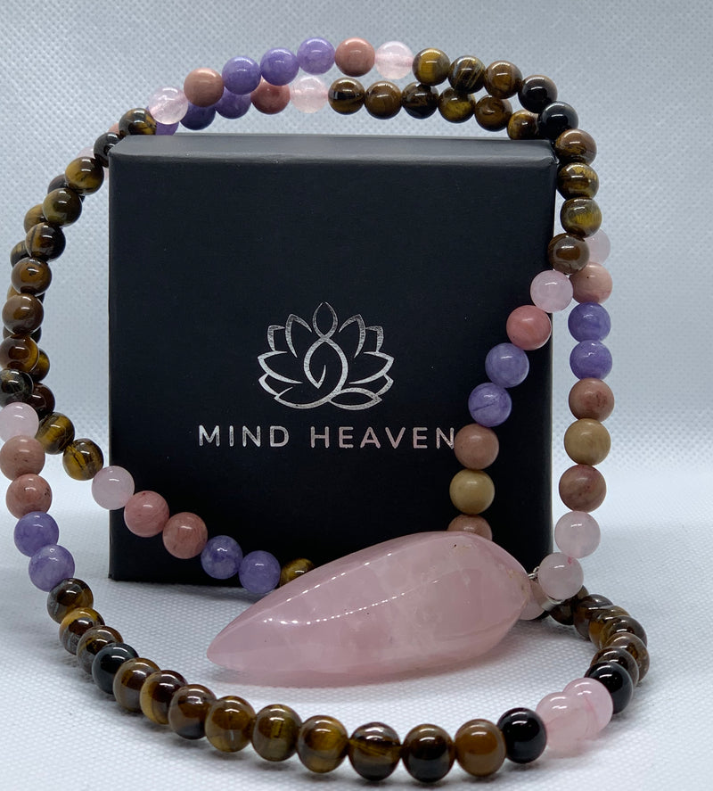 Beautiful Mala 108 hand-made Necklace features Tiger's Eye Rhodonite and Aquamarine beads, with Pink Quartz pendant