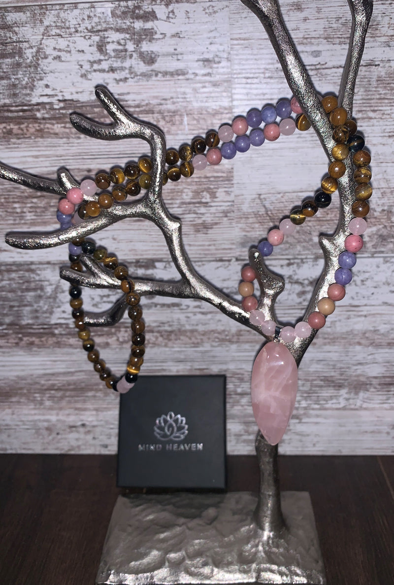 Beautiful Mala 108 hand-made Necklace features Tiger's Eye Rhodonite and Aquamarine beads, with Pink Quartz pendant