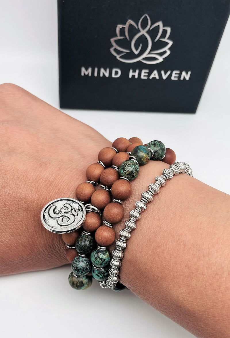 African Turquoise and Sandalwood wrist mala om