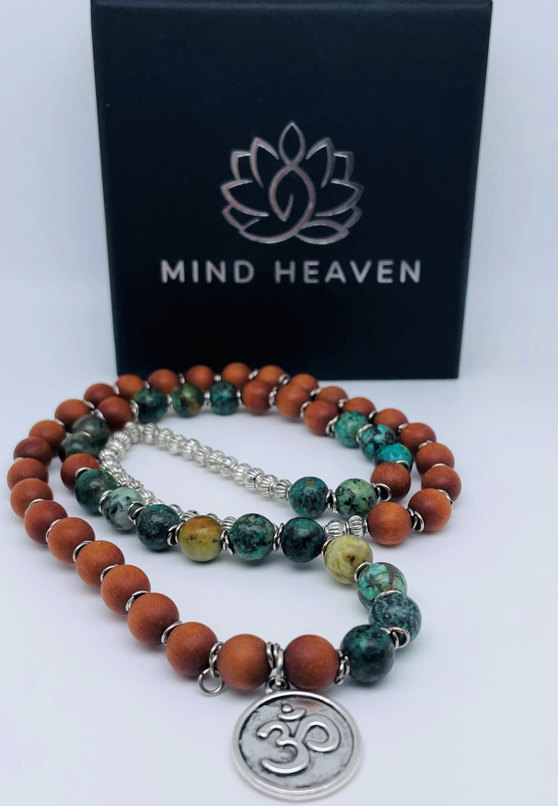 African Turquoise and Sandalwood wrist mala om