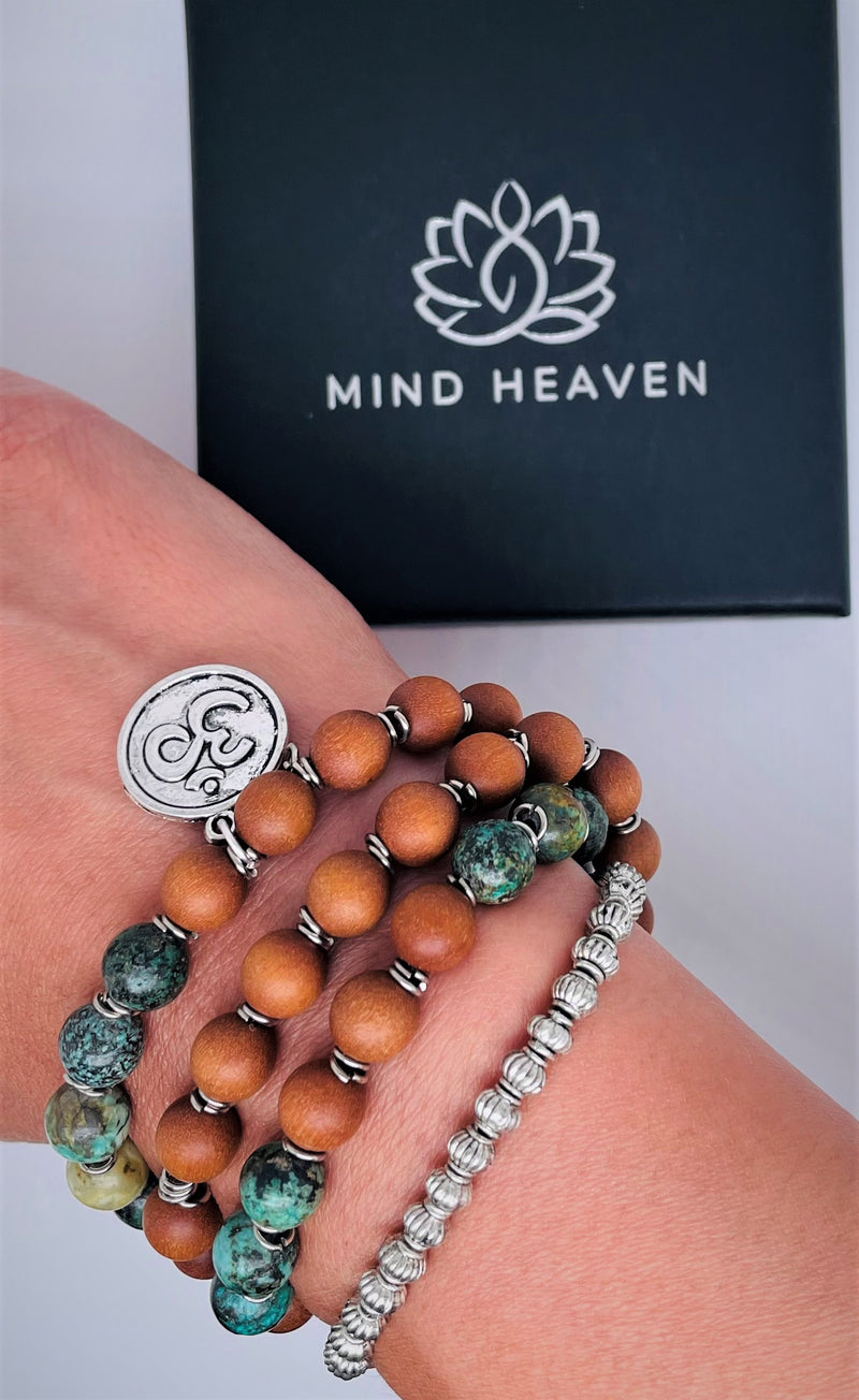 African Turquoise and Sandalwood wrist mala om