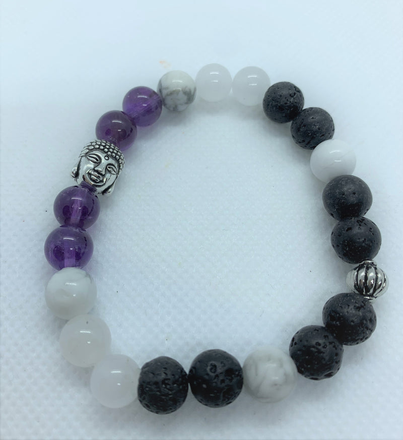 "Purple-love" wrist mala Is an Elegant Hand-Made bracelet that features Amethyst, Howlite, pink quartz, and lava beads with Buddha's face.