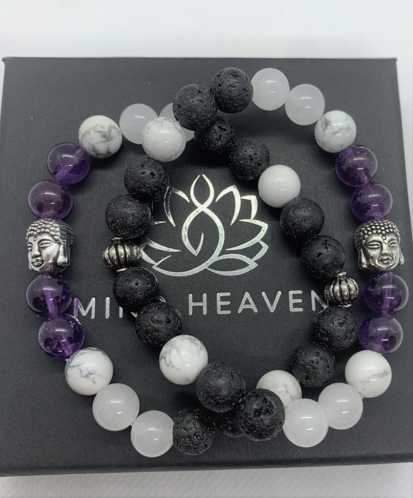 "Purple-love" wrist mala Is an Elegant Hand-Made bracelet that features Amethyst, Howlite, pink quartz, and lava beads with Buddha's face.