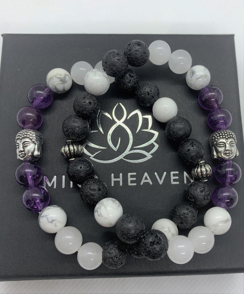 "Purple-love" wrist mala Is an Elegant Hand-Made bracelet that features Amethyst, Howlite, pink quartz, and lava beads with Buddha's face.