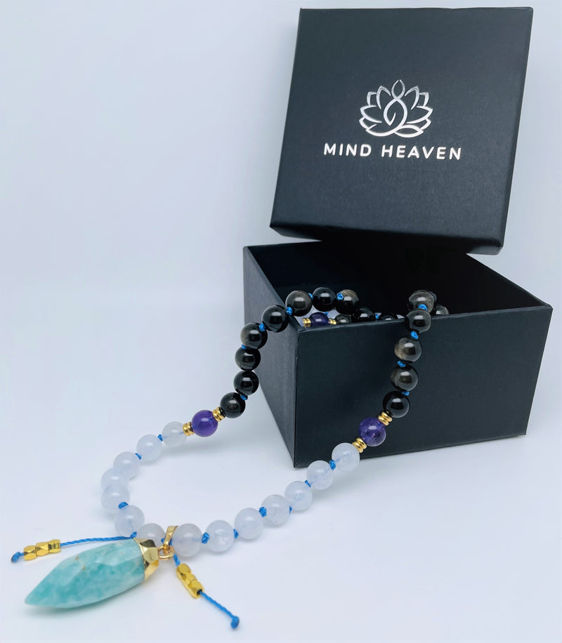 Mynd-Free Necklace with amazonite pendant, Onyx, Moonstone, and Amethyst
