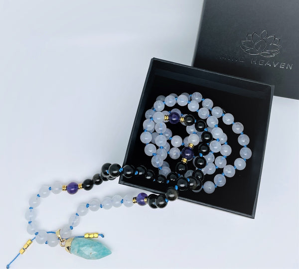Mynd-Free Necklace with amazonite pendant, Onyx, Moonstone, and Amethyst