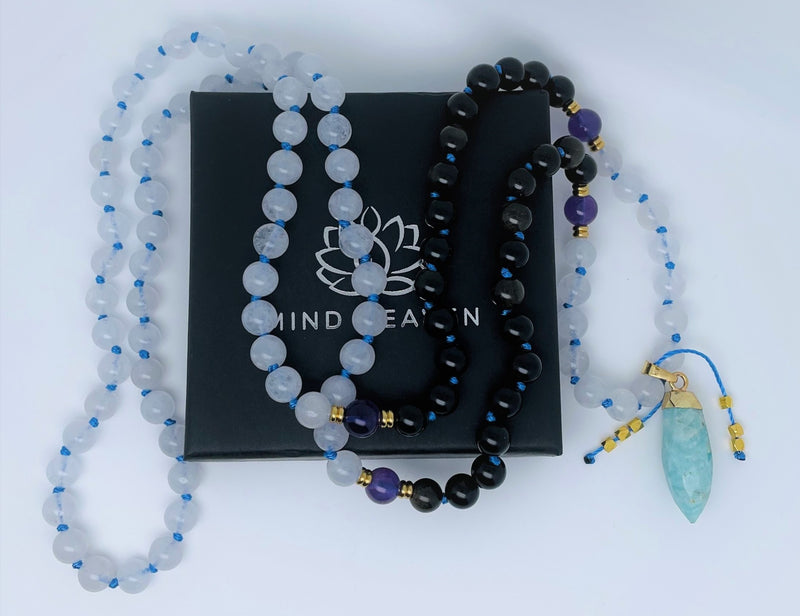 Mynd-Free Necklace with amazonite pendant, Onyx, Moonstone, and Amethyst
