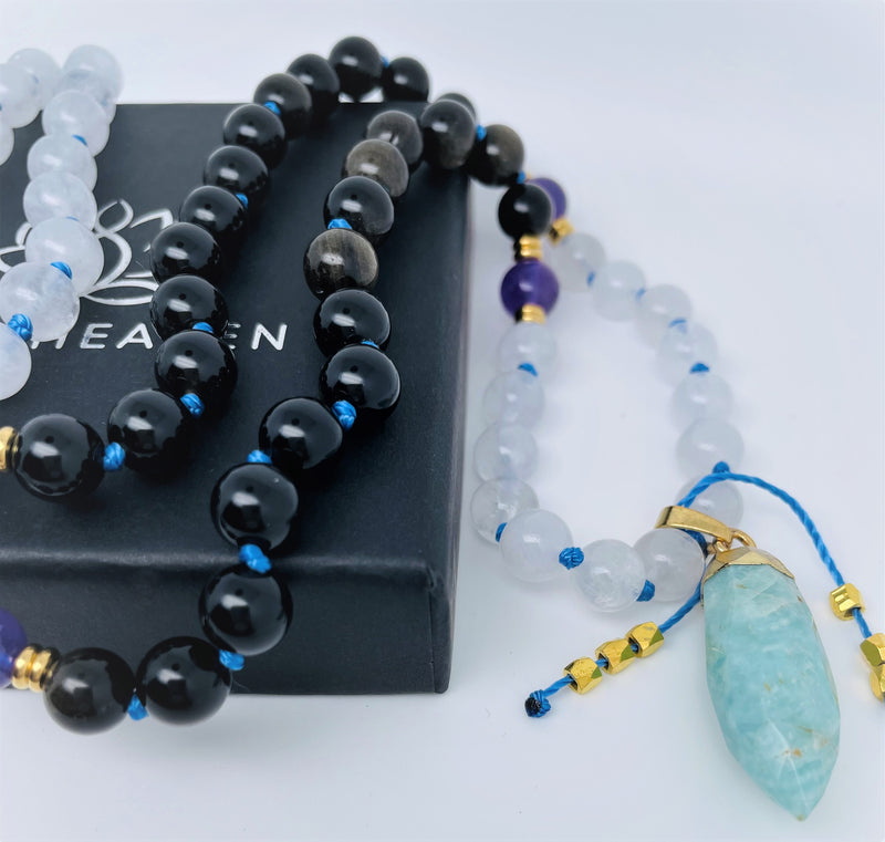 Mynd-Free Necklace with amazonite pendant, Onyx, Moonstone, and Amethyst