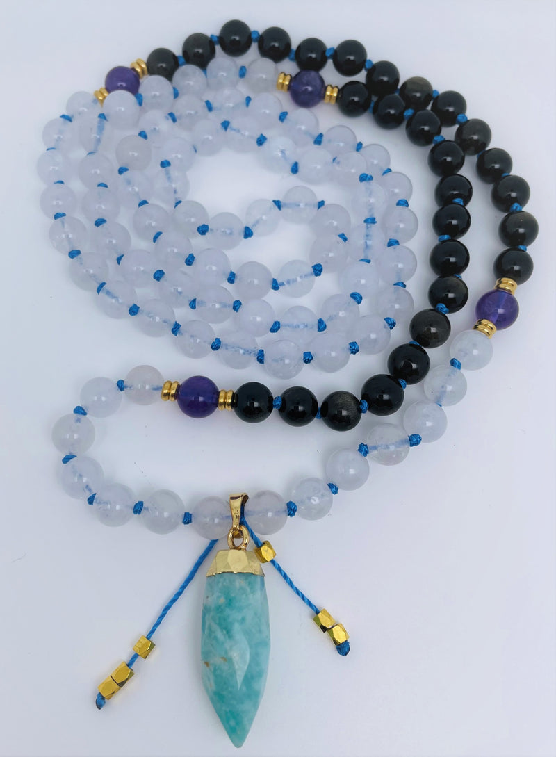 Mynd-Free Necklace with amazonite pendant, Onyx, Moonstone, and Amethyst