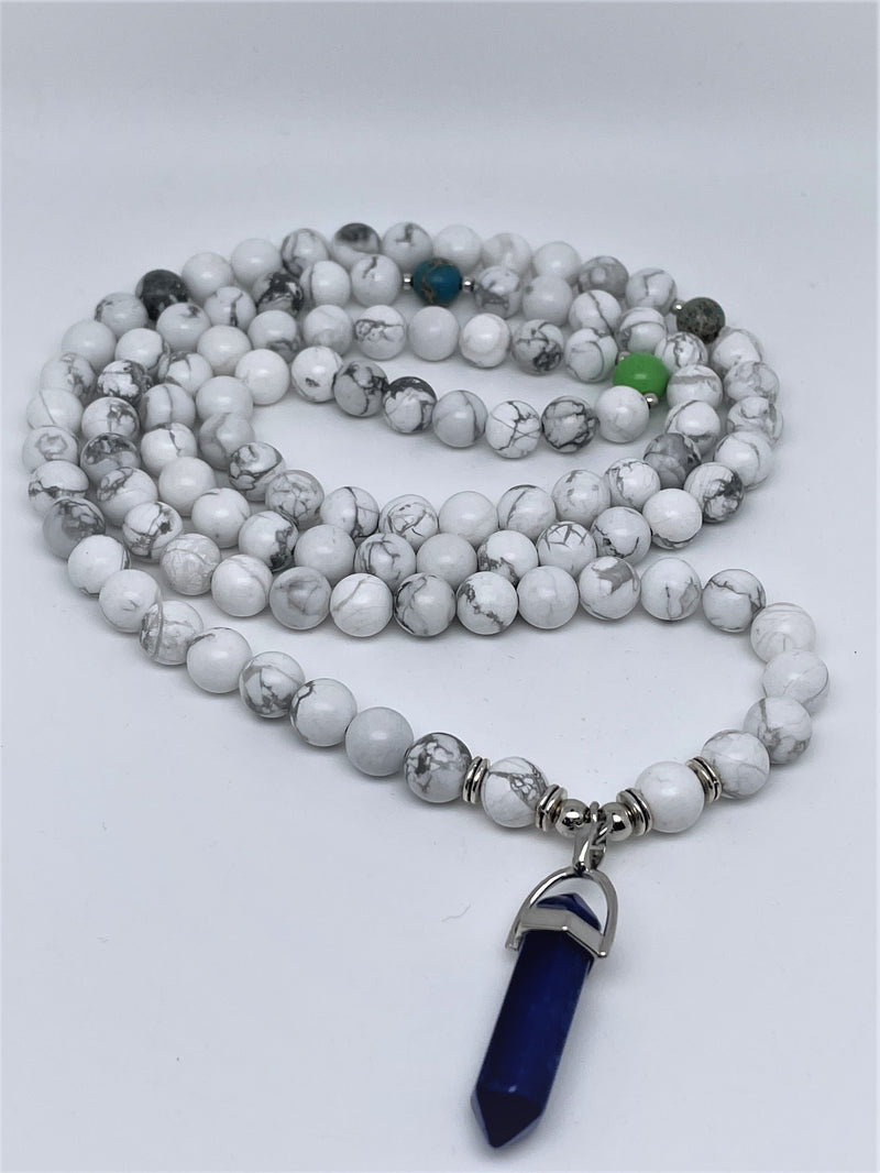handmade 108 mala beads with white howlite, green jade stones and lapis lazuli pendant