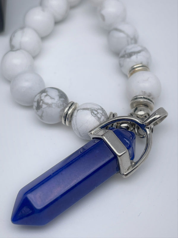 handmade 108 mala beads with white howlite, green jade stones and lapis lazuli pendant