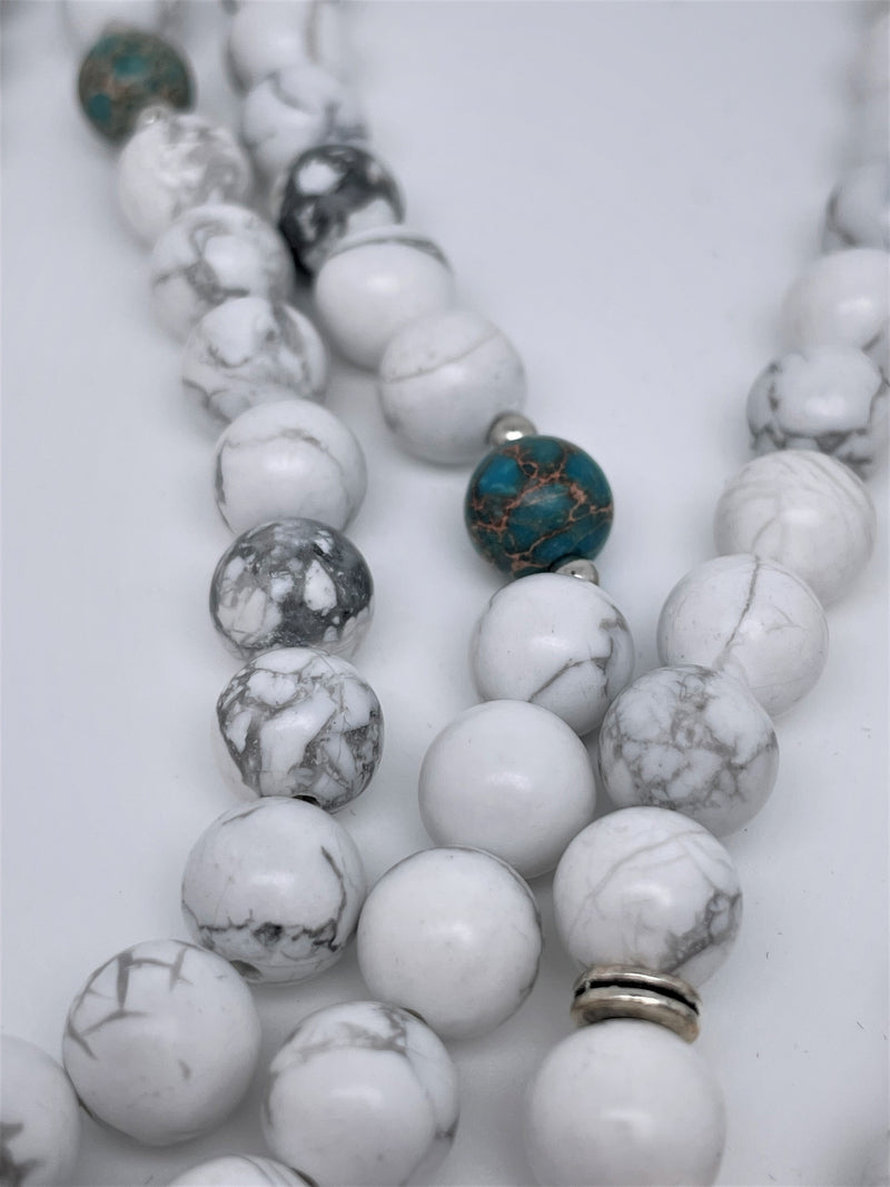 handmade 108 mala beads with white howlite, green jade stones and lapis lazuli pendant
