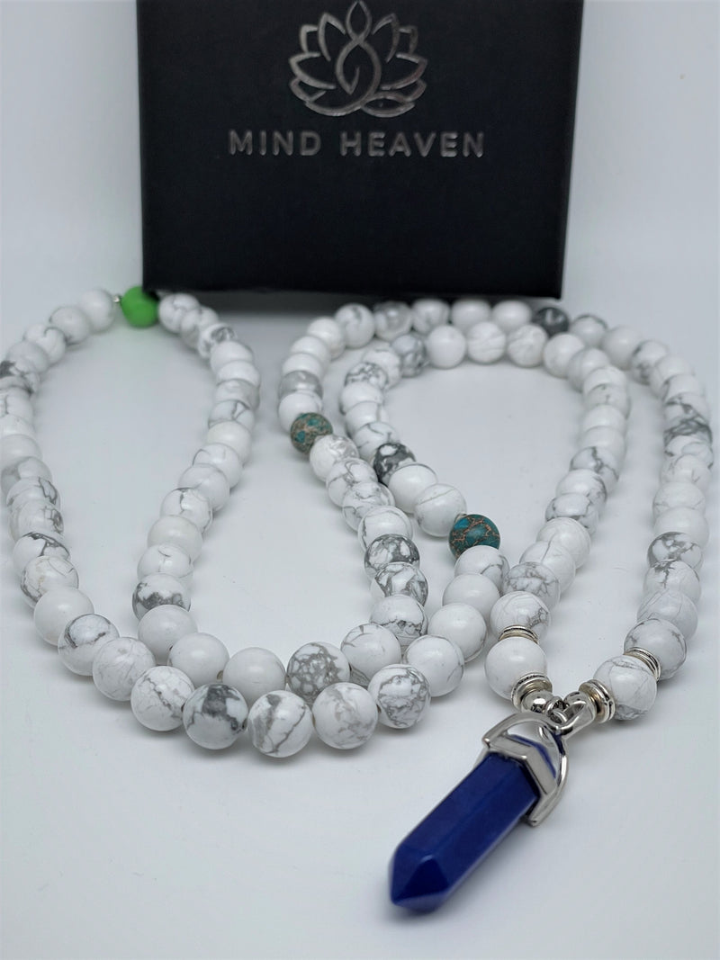 handmade 108 mala beads with white howlite, green jade stones and lapis lazuli pendant