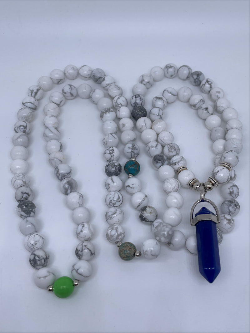 handmade 108 mala beads with white howlite, green jade stones and lapis lazuli pendant