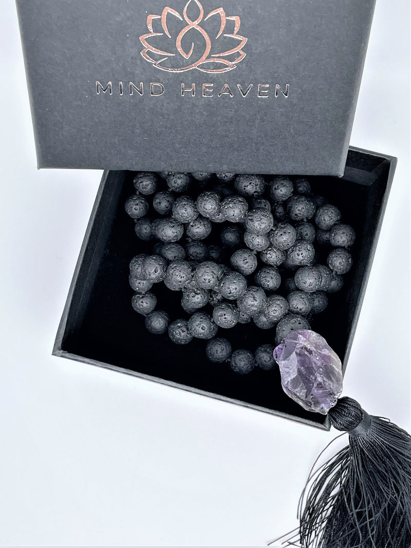 hand made 108 mala necklace black lava with amethyst pendant