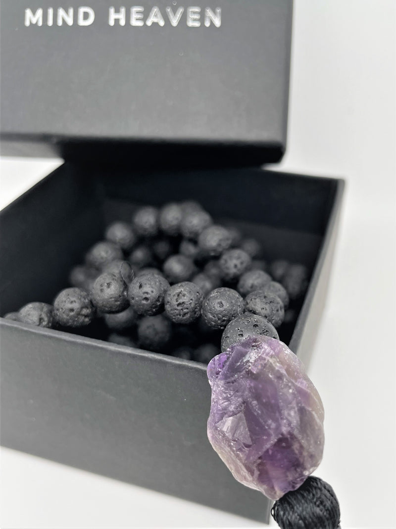 hand made 108 mala necklace black lava with amethyst pendant