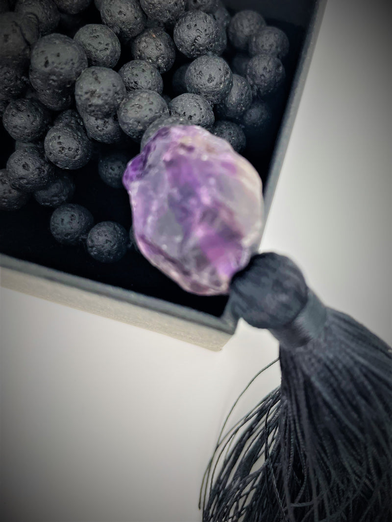 hand made 108 mala necklace black lava with amethyst pendant